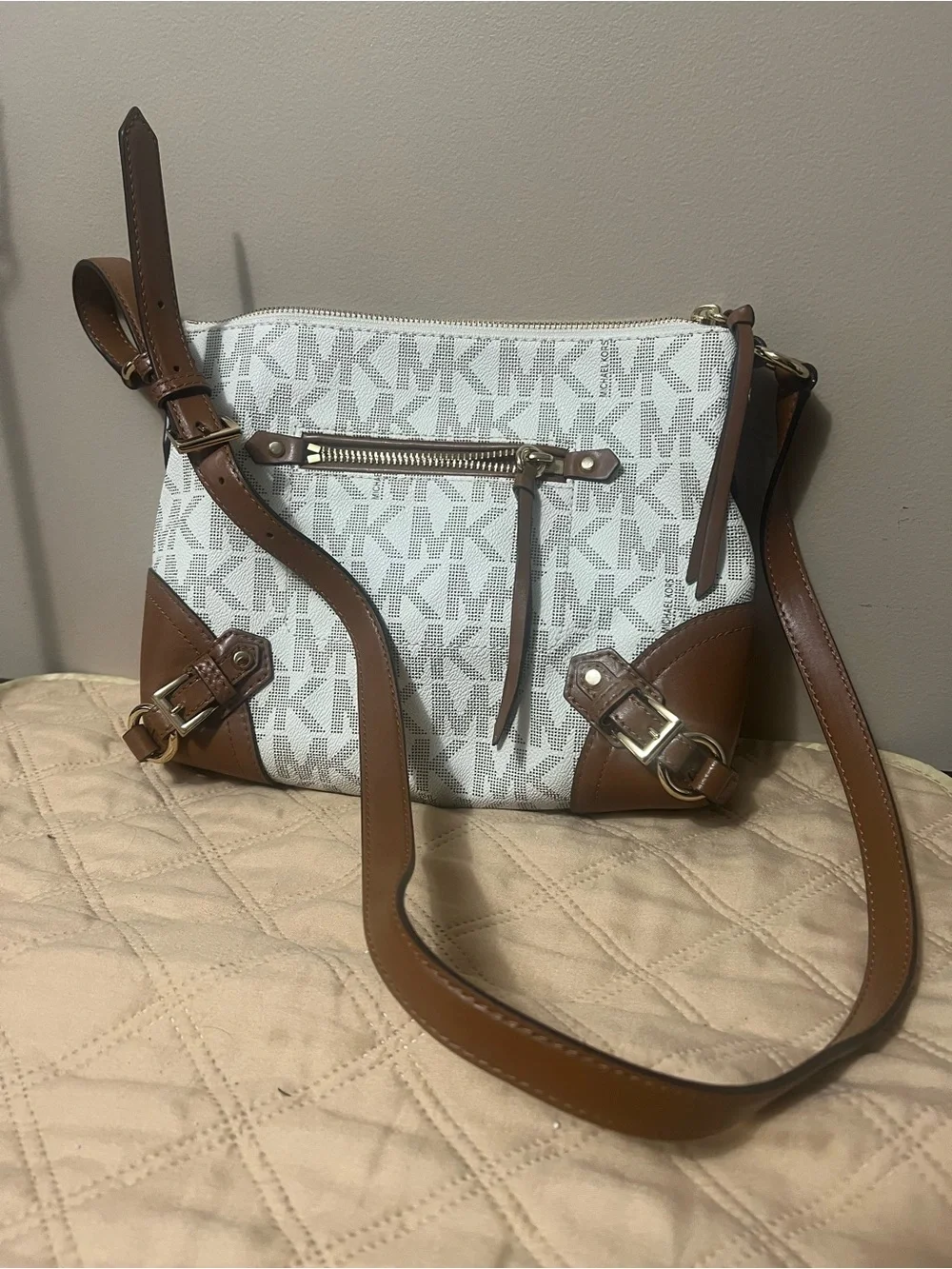 Michael Kors White and Brown MK Logo Crossbody with Leather Trim